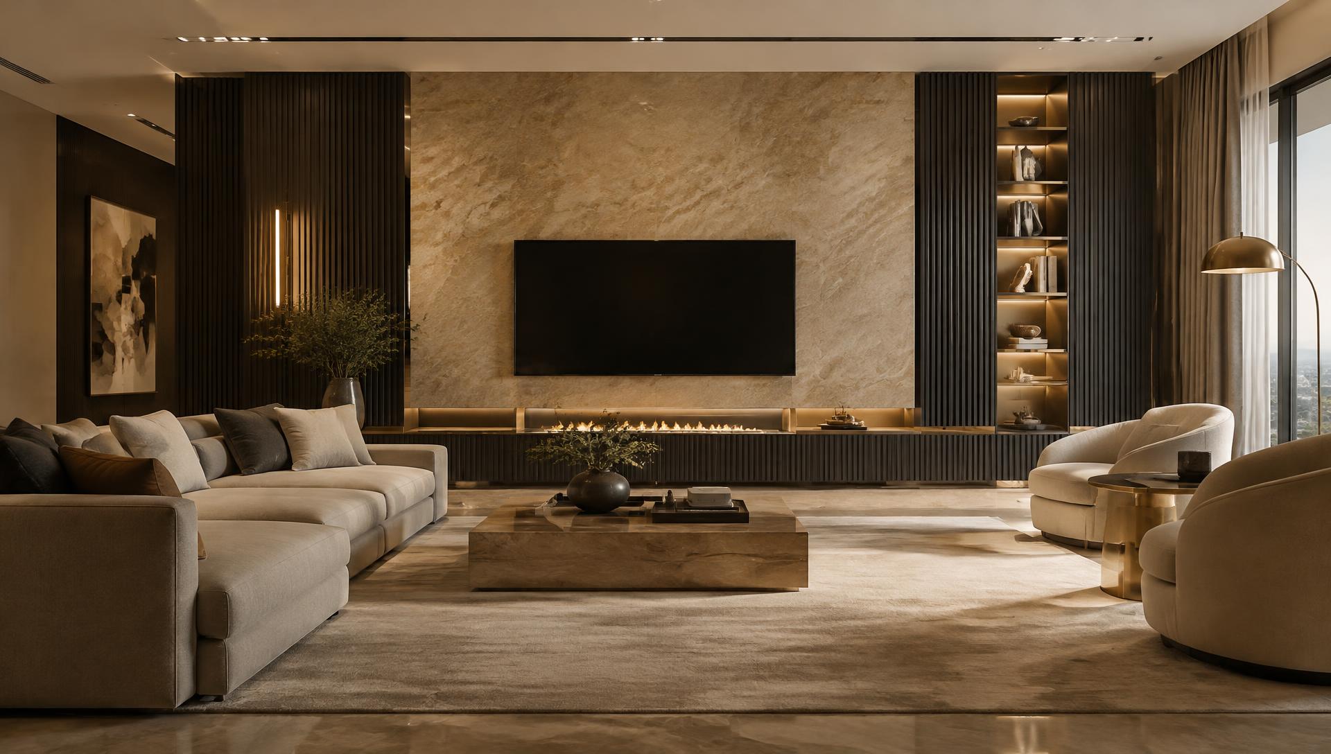 Contemporary living room with fluted wall panels and stone-finish feature wall